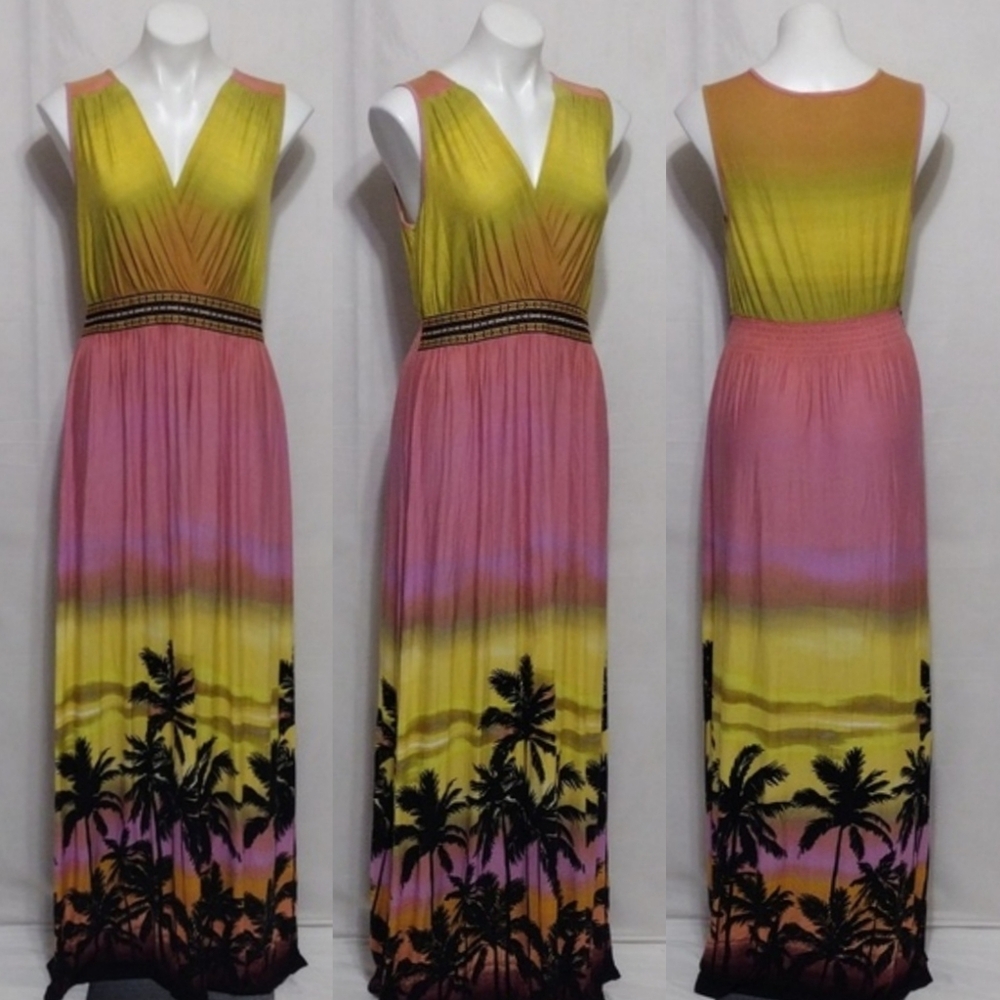 Spence Ombre Tropical Palm Tree Print Maxi Dress Medium Sleeveless V-Neck Boho